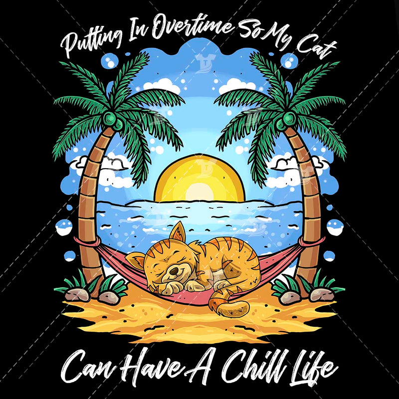 Putting in overtime so my cat can have a chill life/cat chilling on beach(2 designs)
