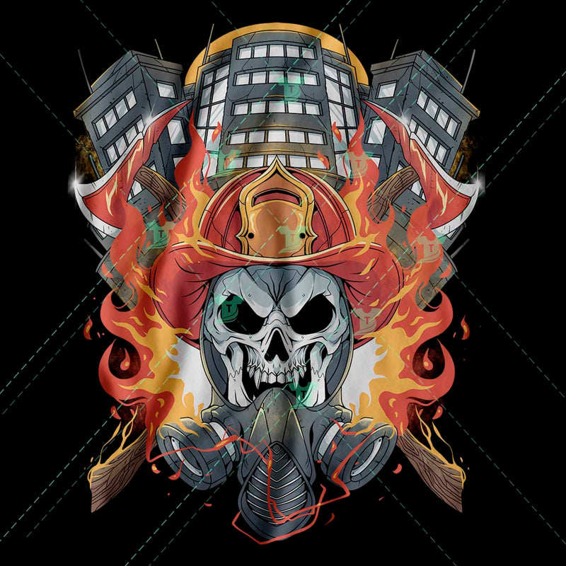 Firefighter skull and building